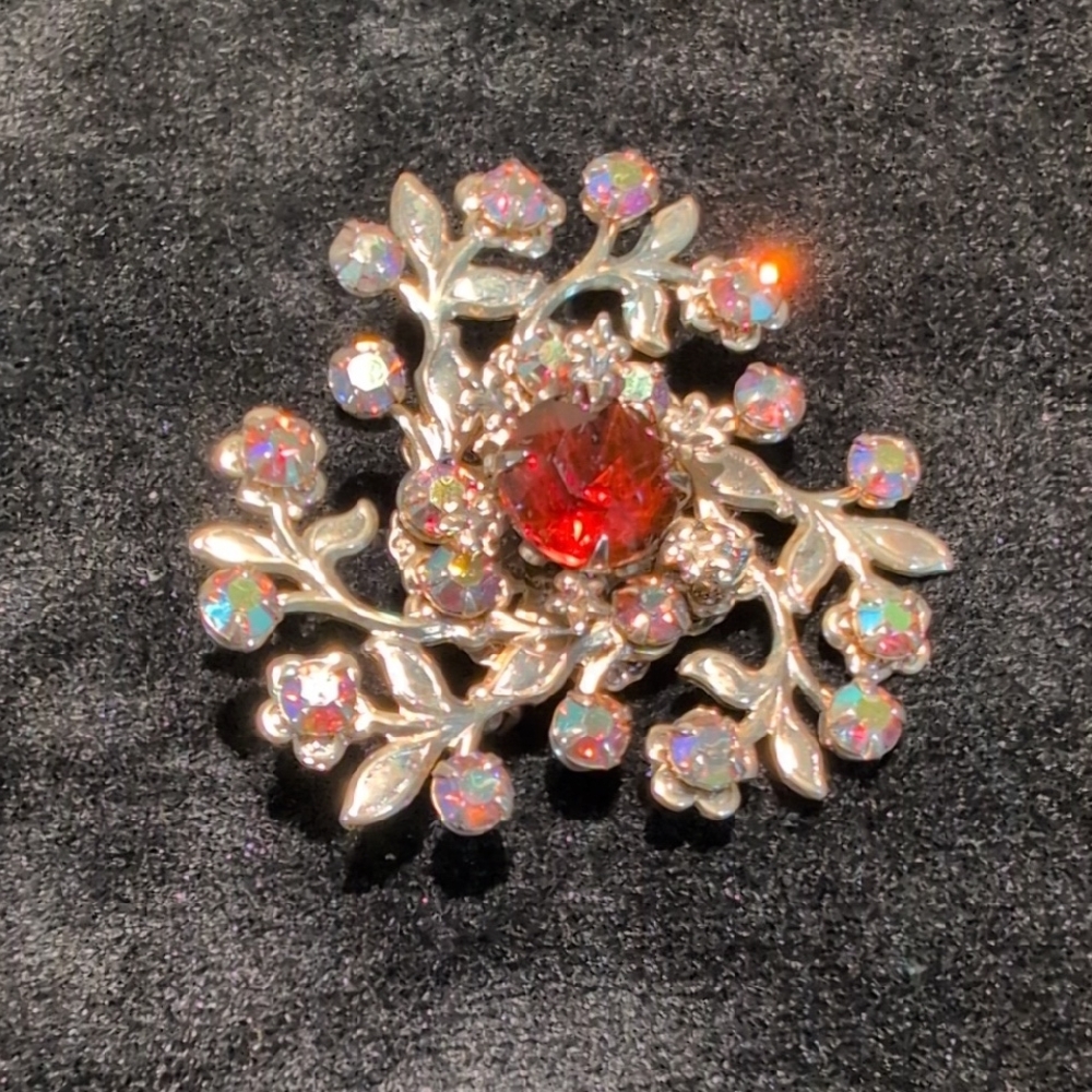 Elegant Silver and Red Floral Brooch